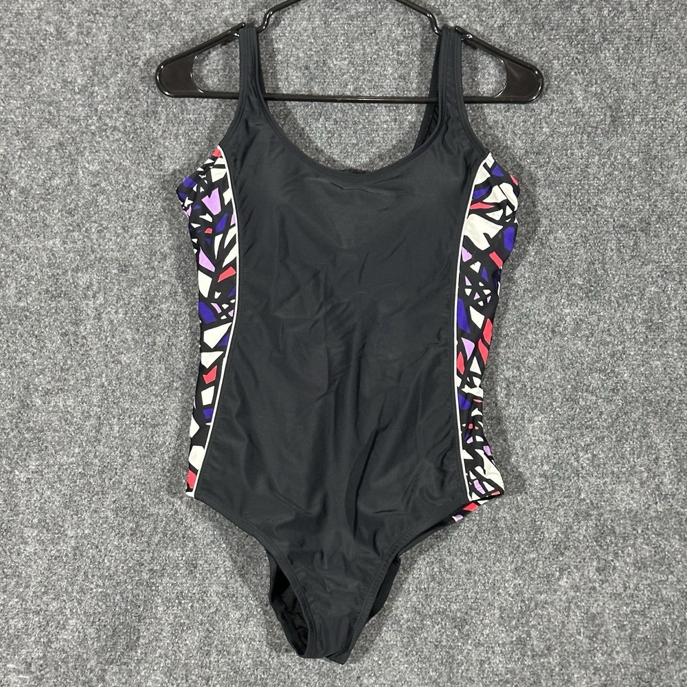 Catalina Womens One Piece Swimsuit Black Geometric Print Shelf Bra L 12-14